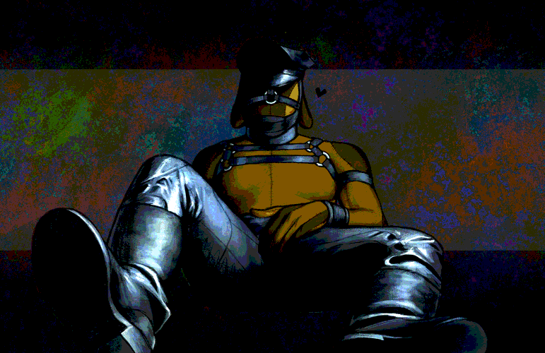 painting of a humanoid dog, made out of old brown leather, wearing new shiny leather pants, hat, harness and boots