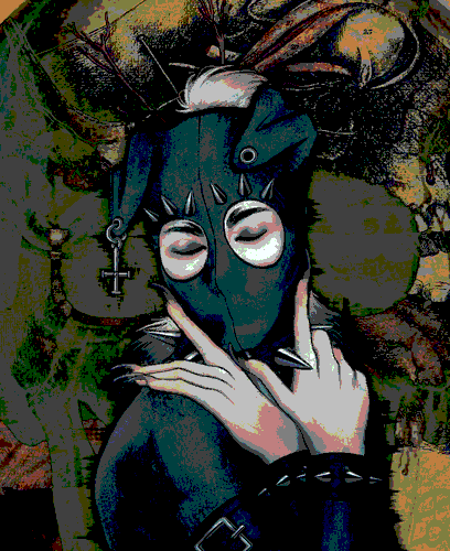 painting of a pale-skinned person wearing a black catsuit with floppy dog ears