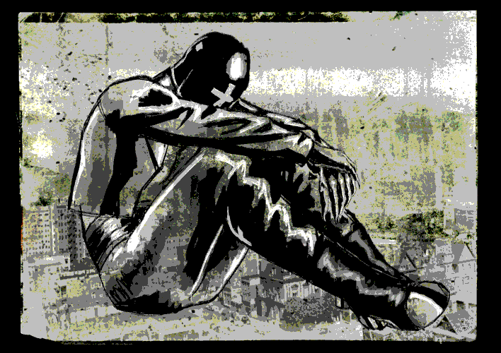 monochrome painting of a masked person clad in leather, sitting on the ground