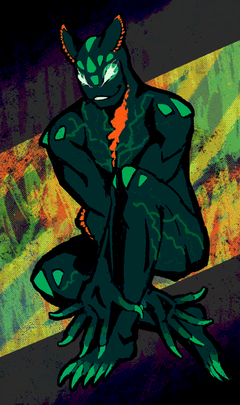 illustration of a venom symbiote fan-character, with green skin and sea-slug like characteristics